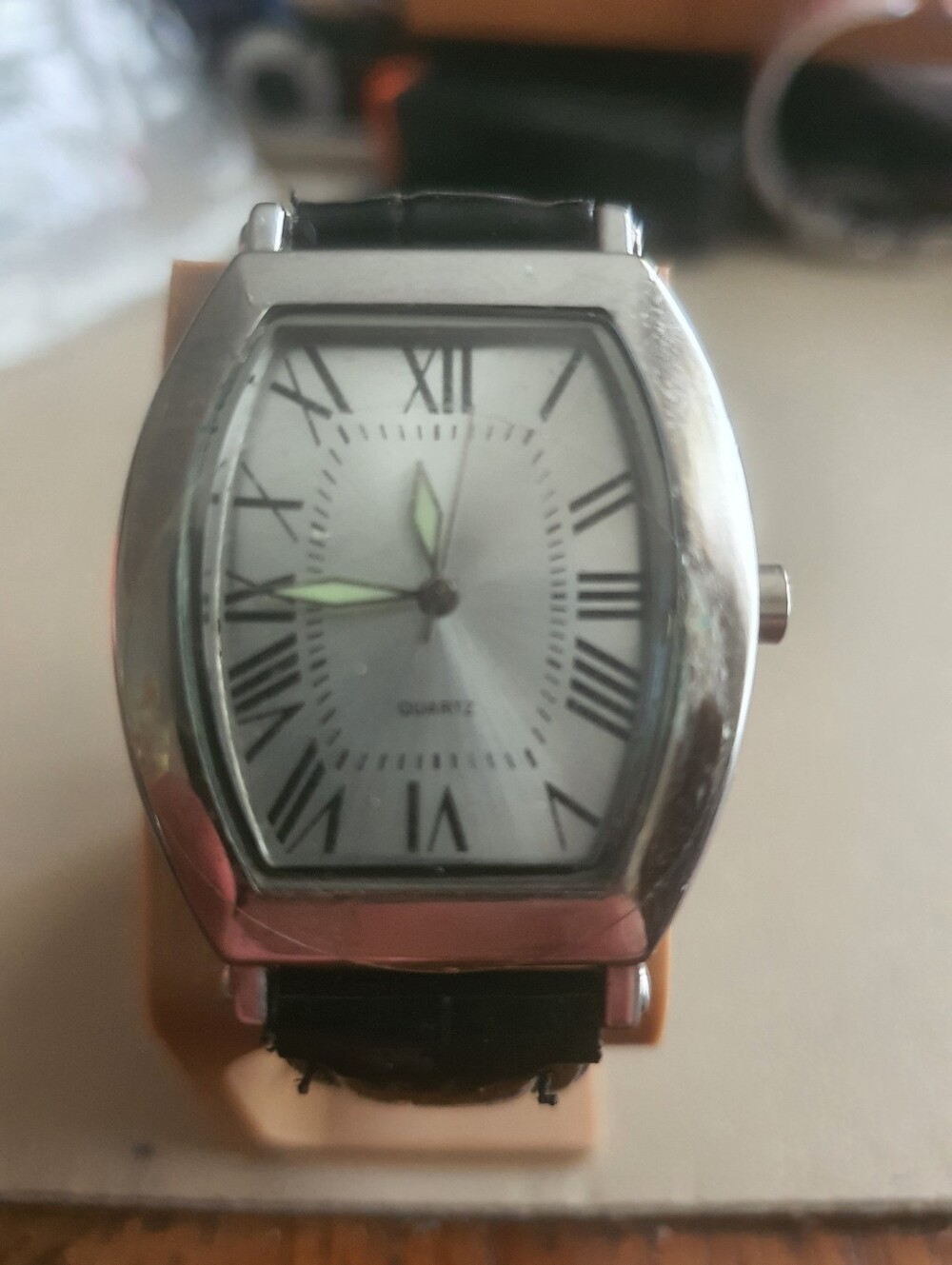 10/$20 SKC Silver/Black Leather Men's Tank Watch